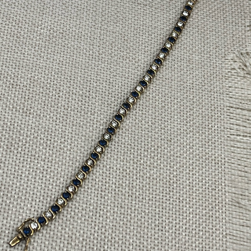 Vintage Estate Gold Over Sterling Silver Tennis Bracelet Sapphire Clear CZ 7.25" - Picture 13 of 16